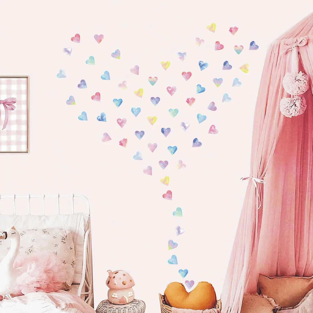 Colorful Hearts Couple Wall Stickers Kitchen Bedroom Watercolor Hearts Wedding Wall Decals Living Room Home Wall Decor view 3