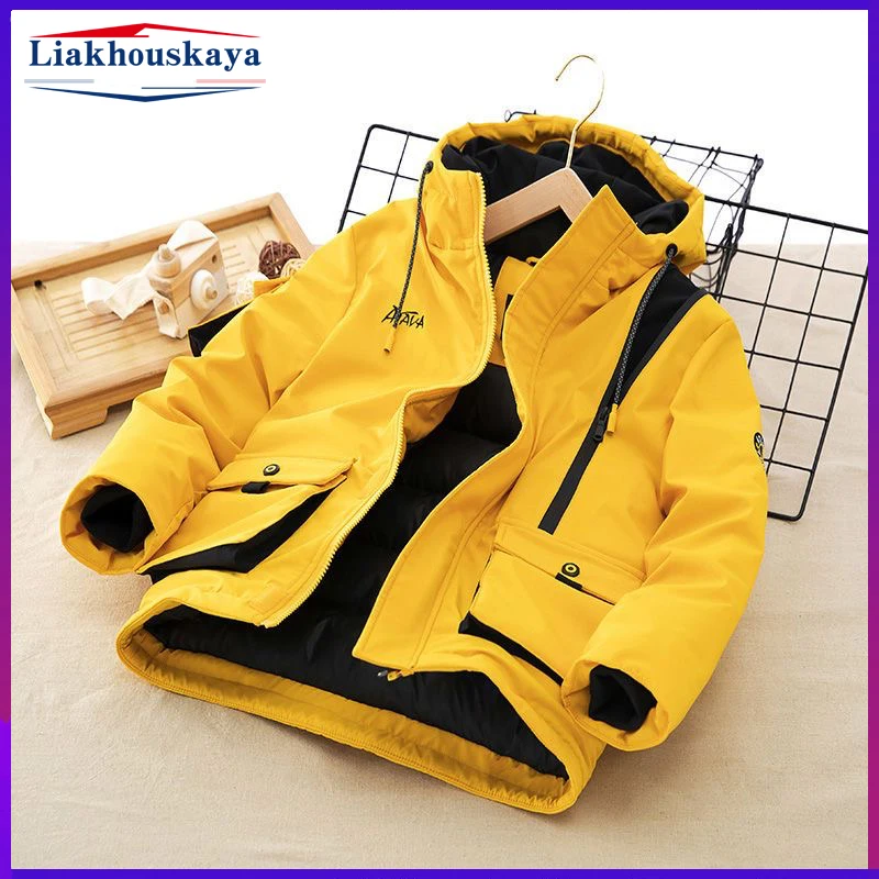 120-170cm New Boys Down Cotton Padded Jacket For Winter Outerwear Plaid Waterpoof Hooded Zipper Letter Coat Children'S Clothes