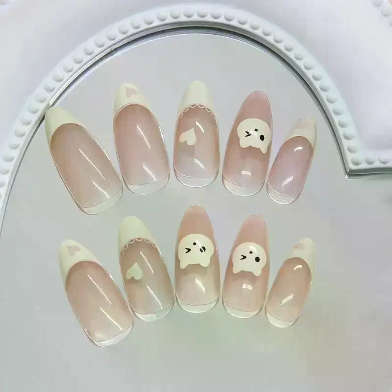 /JCS/24pcs Love Wear Nail Almond Medium Press On Nails Cute Removable Beige Long False Nails Summer Korean Removable Nail Art