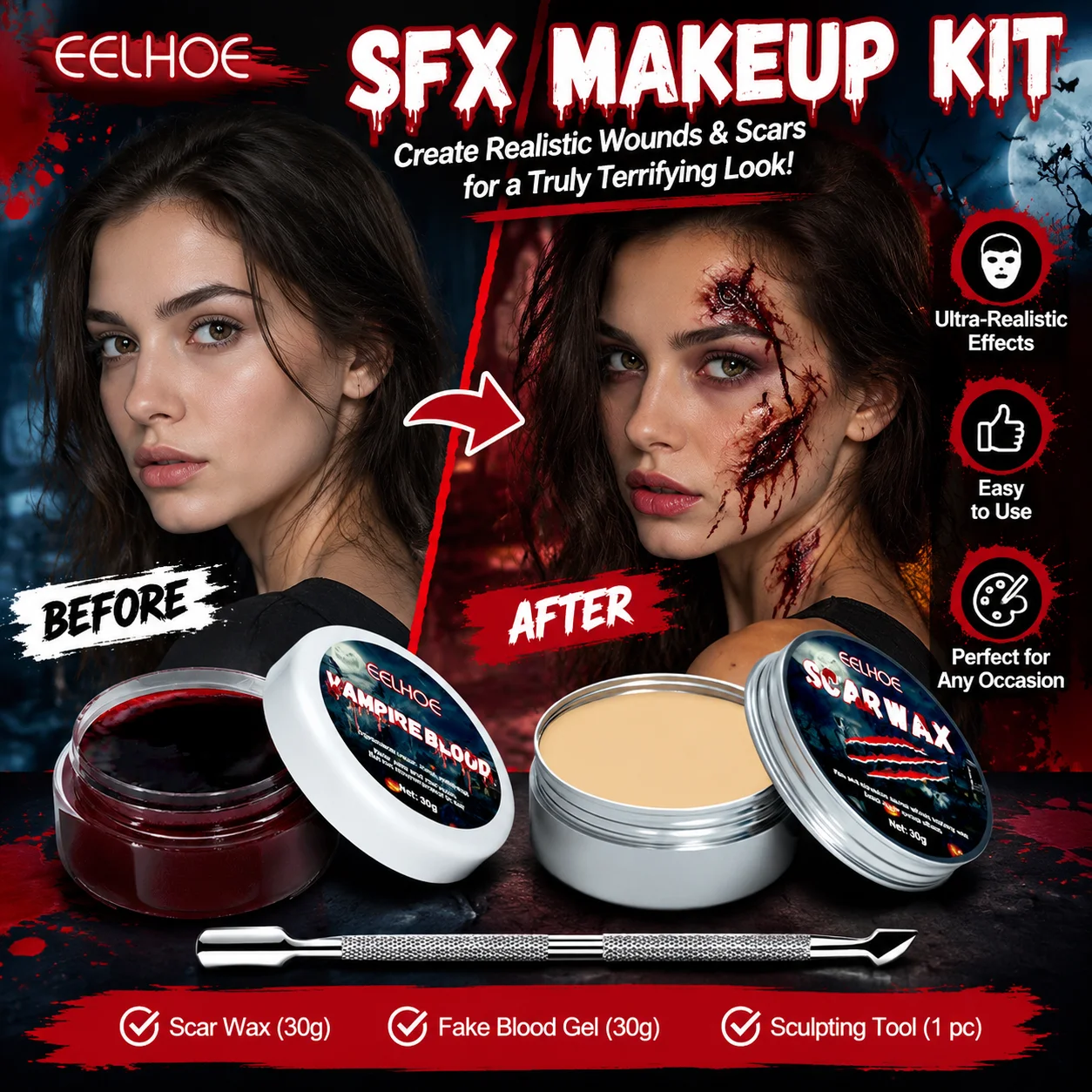 ハロウィーン用特殊メイクアップキット。偽の血、傷跡、傷跡用ワ - Body Paint Sfx のレビューと価格