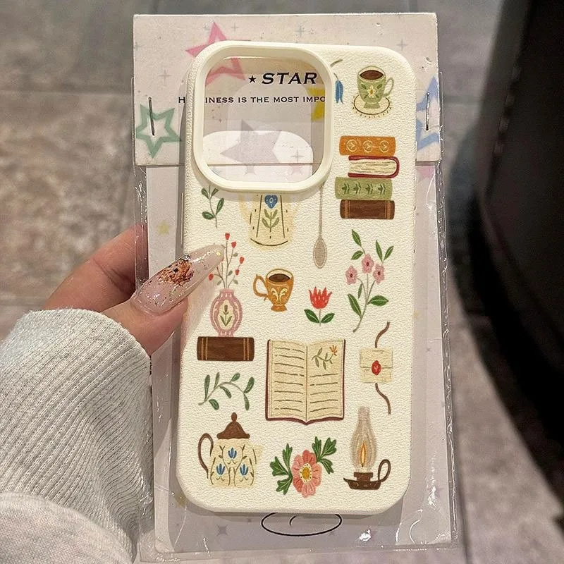 

Phone Case For iPhone 11 12 3 14 15 16 17 Pro Max XS X XR 16E 16 Plus 17 Air Literary Floral Book Tea Set Pattern Silicone Cover