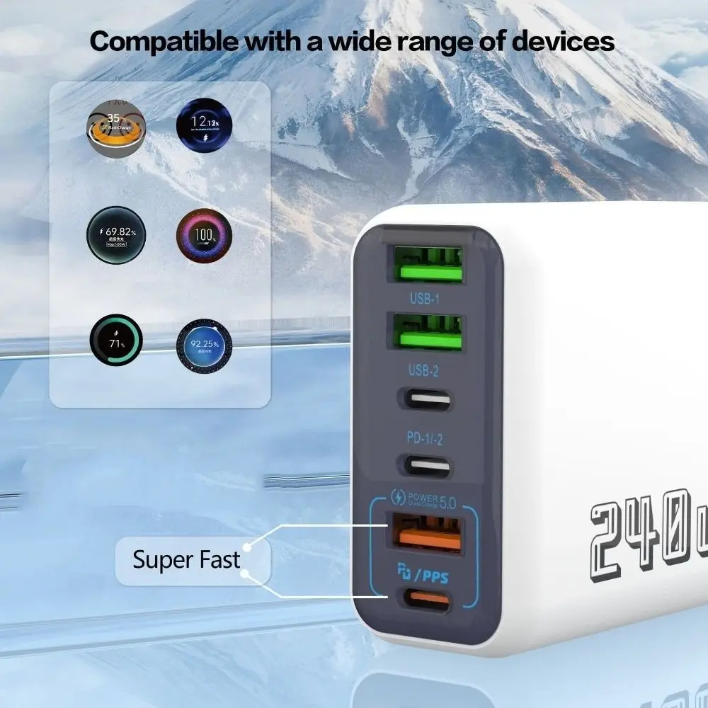 6 Ports 240W Charger Plug Fast Charging USB A+C Phone Charger Adapter EU/US/UK PD QC3.0 for Huawei/Xiaomi/Samsung