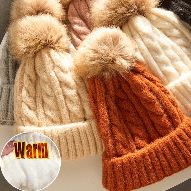 Winter Warm Female Fur Pom Poms Hat Winter Hat for Women Girl \'s Cap Knitted Classic Beanies Cap Hats Thick Women Skullies