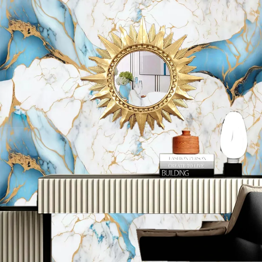 Blue Marble Pattern Self-adhesive Wallpaper, Oil and Water Resistant Stickers Kitchen Background Wall PVC Wallpaper