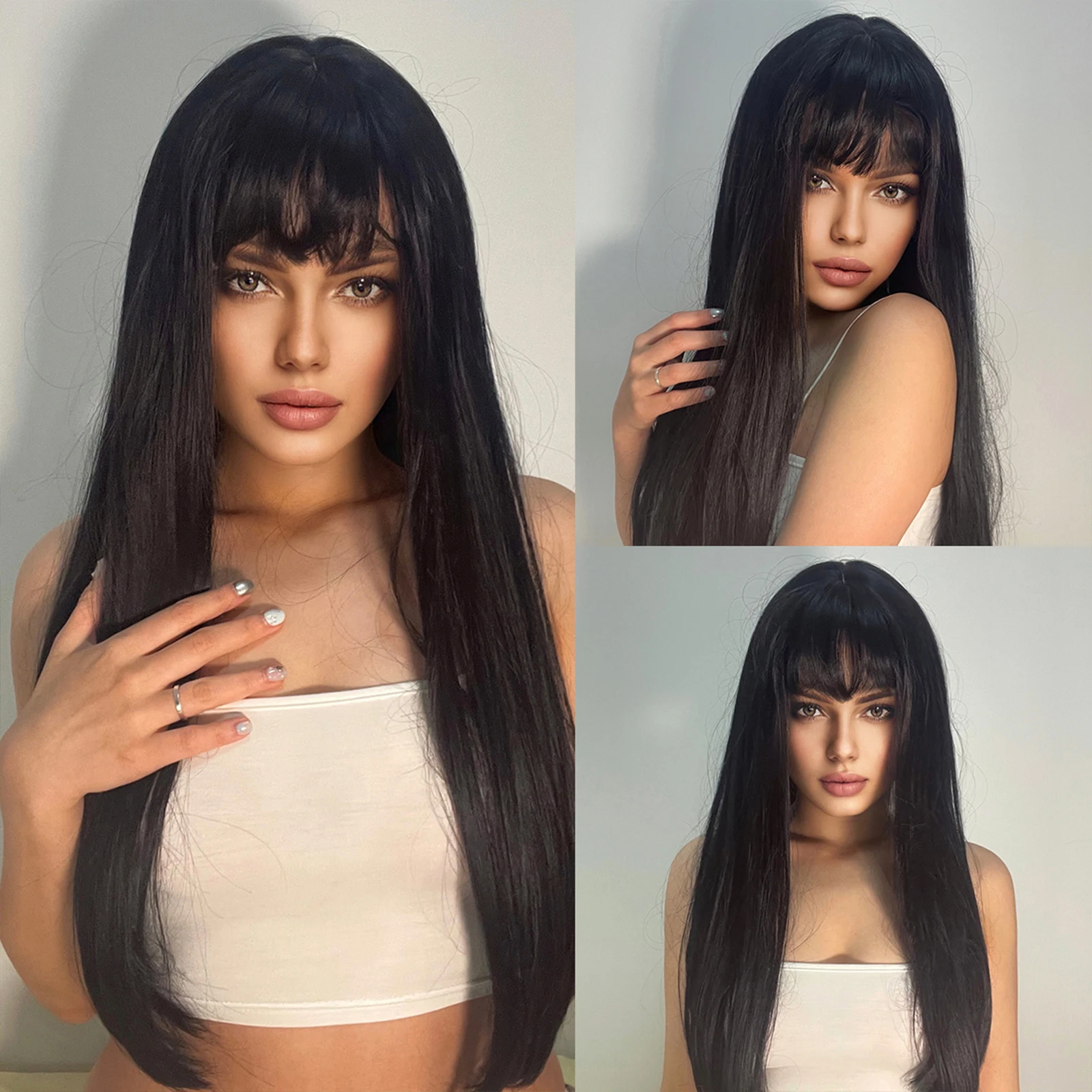 Black Long Straight Wig with Bangs Synthetic Cosplay Natural Hair Wigs for Women Afro Heat Resistant Fibre Party Daily Use Hair