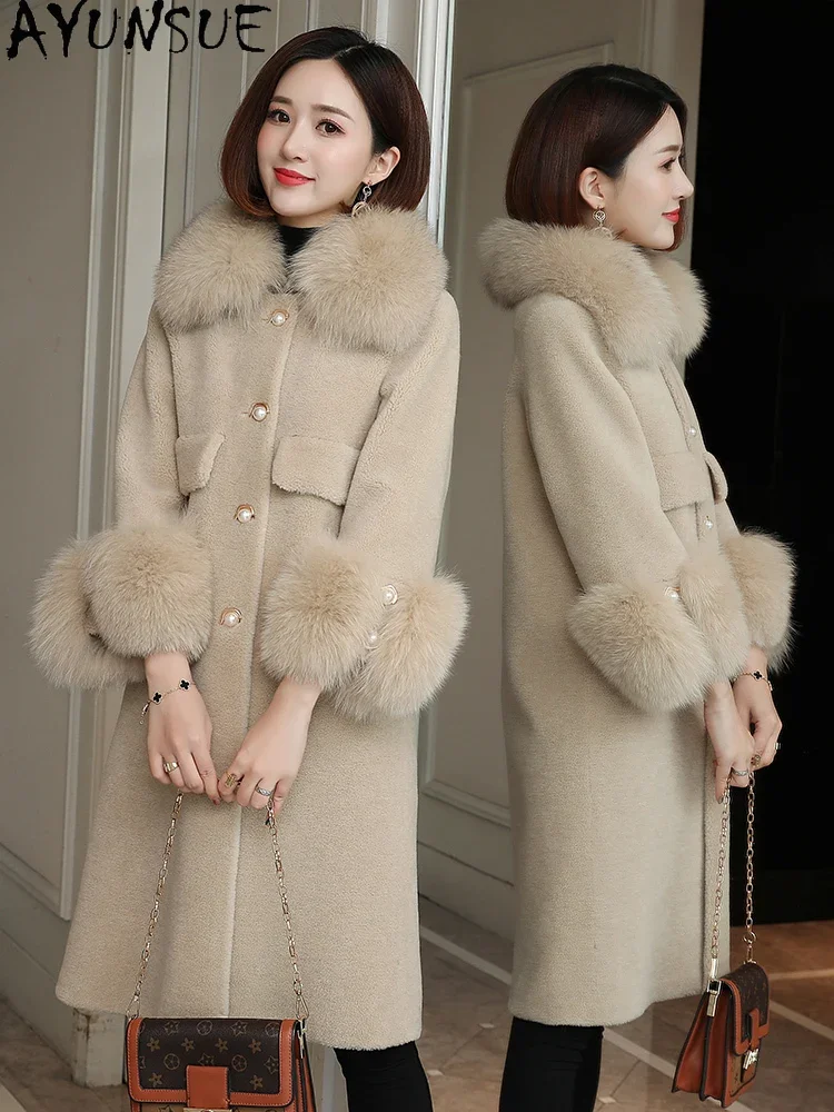 AYUNSUE Sheep Shearing Overcoat Women Real Fur Coat for Woman Winter Warm Long Coats Womans Clothing Fox Fur Collar шуба 2024