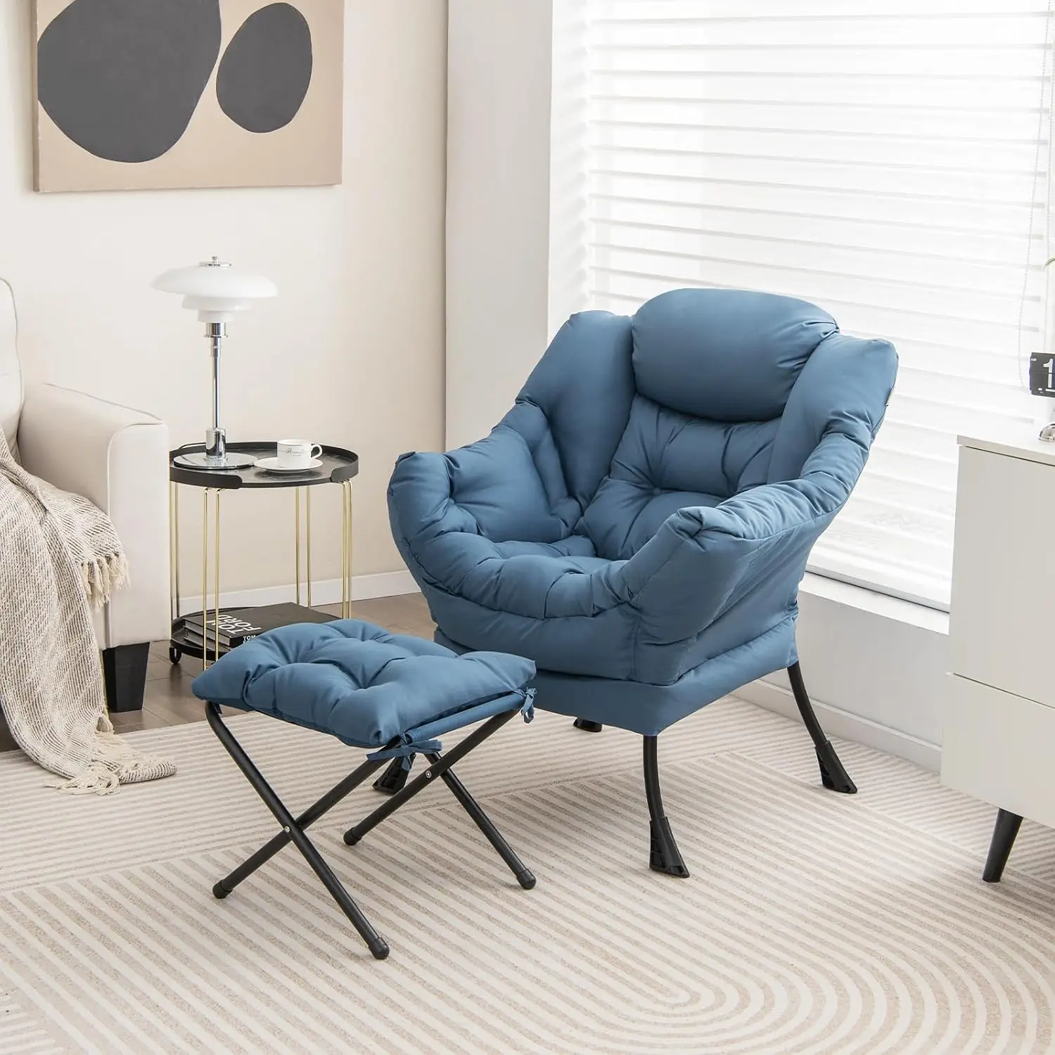 Lazy Chair With Ottoman Accent Sofa Chair Folding Footrest Side Storage Pocket Upholstered Leisure Lounge Armchair Stool Container Unit For Bedroom Living Room Office Blue