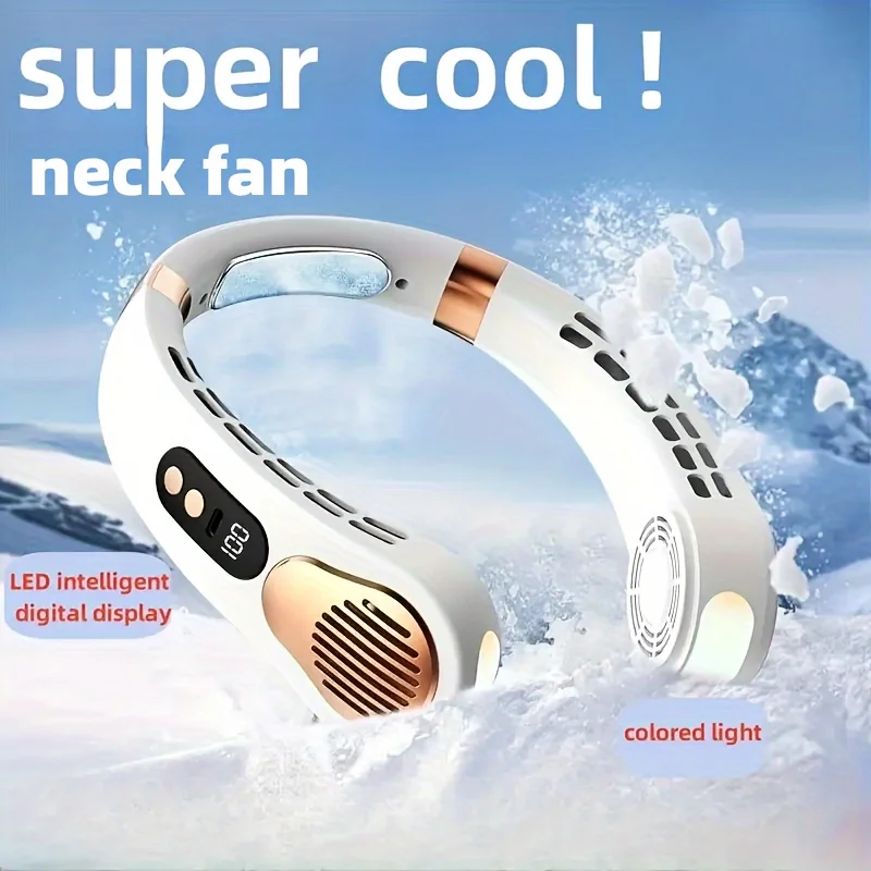 1pc ポータブルネック冷却ファン - 洗練されたブレードレスデザイン、5 スピード強風、TYPE-C 高速充電、バッテリー & ギア LED ディスプレイ、C