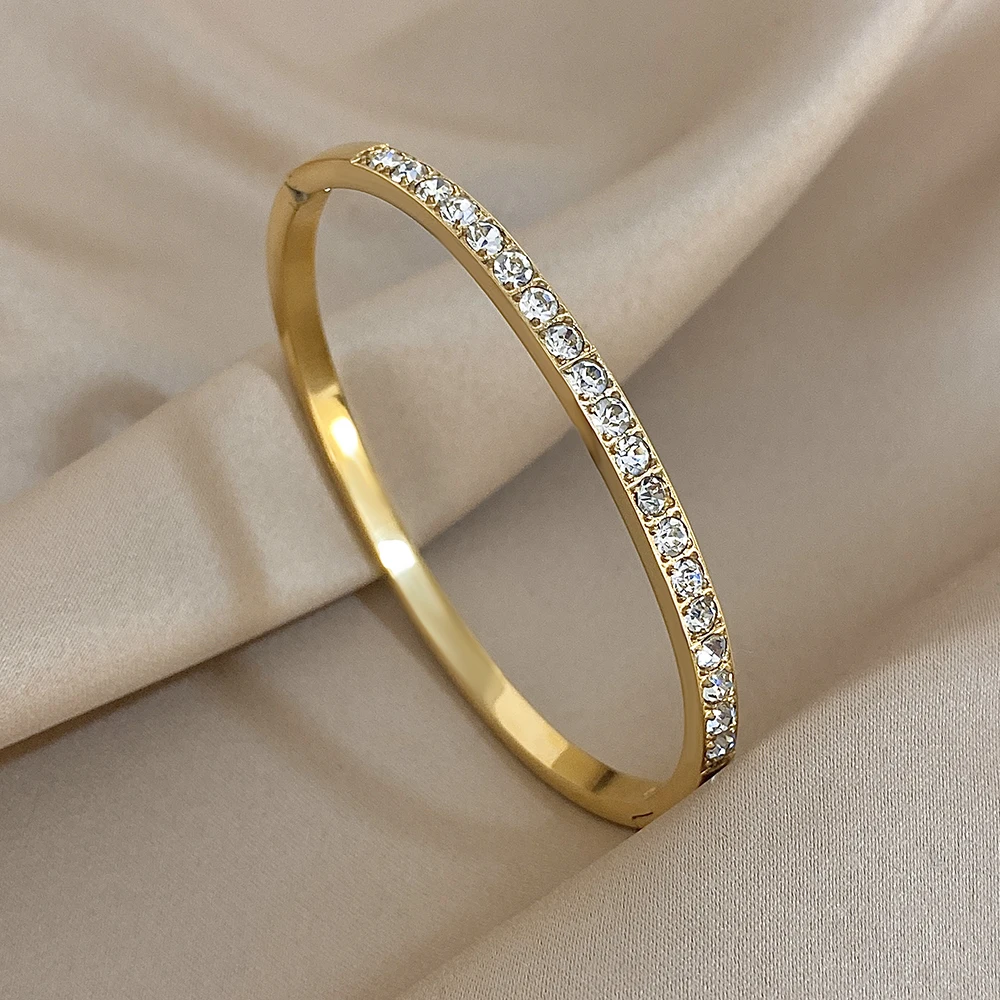 

DODOHAO Stainless Steel Inlaid Zircon Open Bnagle Cuff Bracelet for Women Smooth Stackable Thin Spring Bangle Waterproof Jewelry