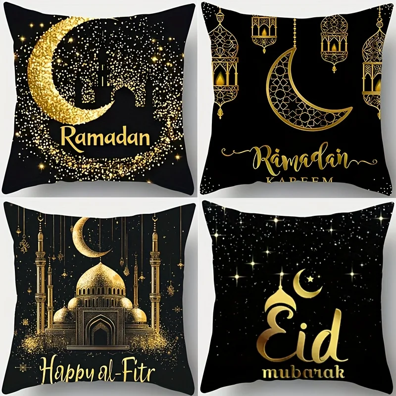 1/4 Stück elegante schwarze und goldene Eid al-Fitr-Kissenbezüge, traditioneller dekorativer Kissenbezug für Halbmond und Moschee „Happy Eid“.