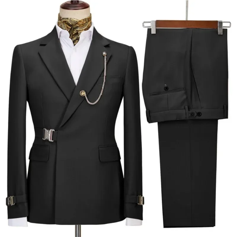2 Pieces Green Belt Design Double Breasted Mens Suits Coat Pant Latest Design Wedding Suits Groom Prom Tuxedos Blazer Set