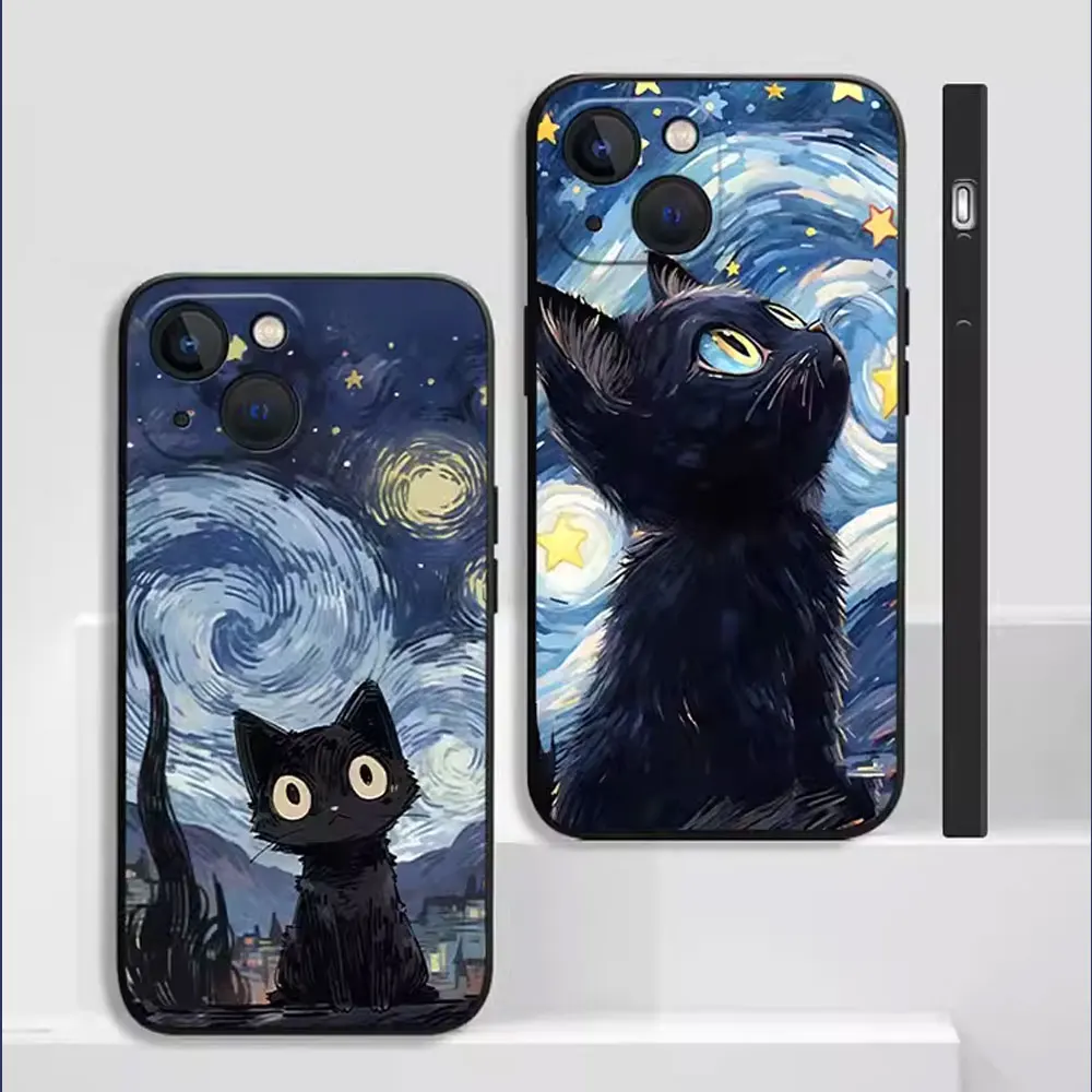 Artistic Black Cat Starry Night Phone Case for Samsung Galaxy S24 S23 S22 S21 S20 FE Ultra Plus Covers Cute Animal Lovers Fundas