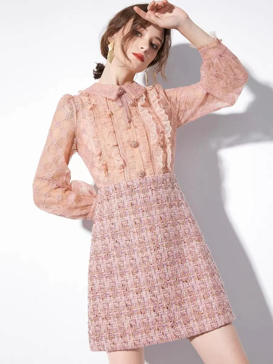 

Spring/Summer Small Fragrant Light Luxury Temperament Long Sleeved Lace Waist Collection A-Line Thick Tweed Dresses For Women