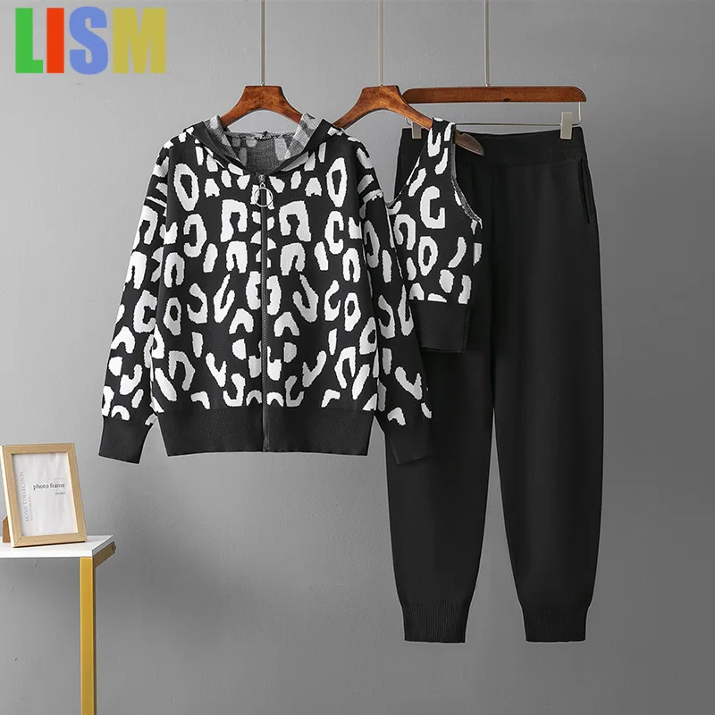 

LISM winter Knitted 3 Piece Sets Women Leopard Knit Hooded Cardigan+sleeveless Vest Conjuntos High Waist Harem Pants Outfit