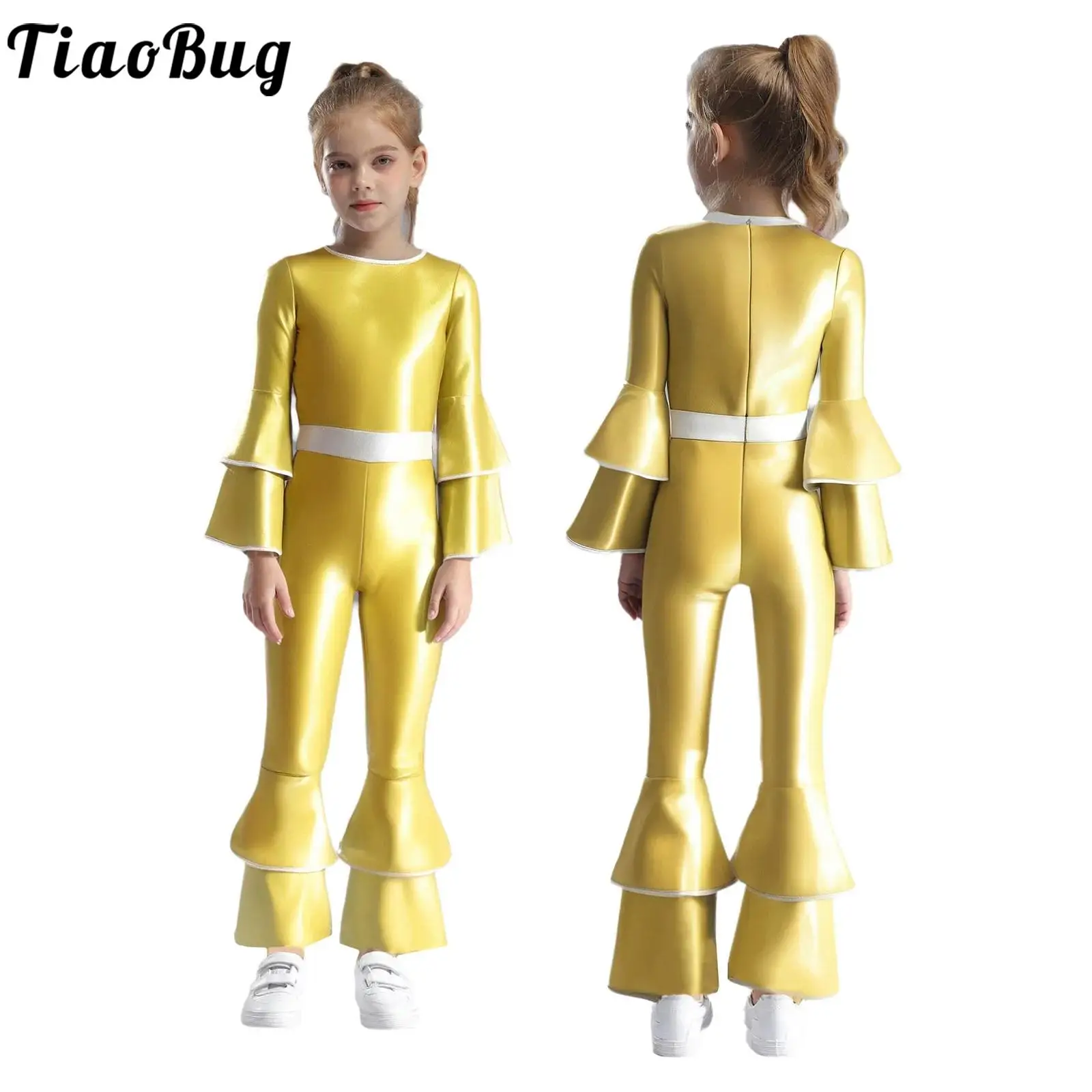 

Girl 70s 80s Disco Hippie Singer Costume Shiny Metallic Long Sleeves High Waist Tiered Flared Jumpsuit for Halloween Theme Party