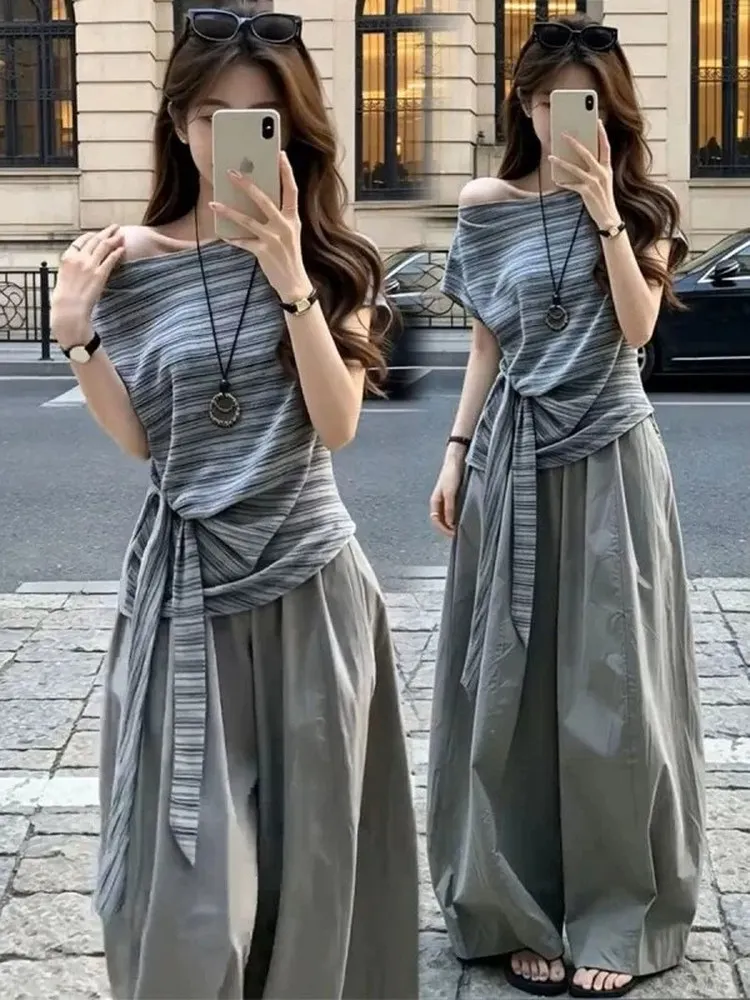 Korean Style Commute Set Women's Summer 2026 New Irregular Shoulder Stripe Casual Wide Leg Pants Two Piece Set Breathable