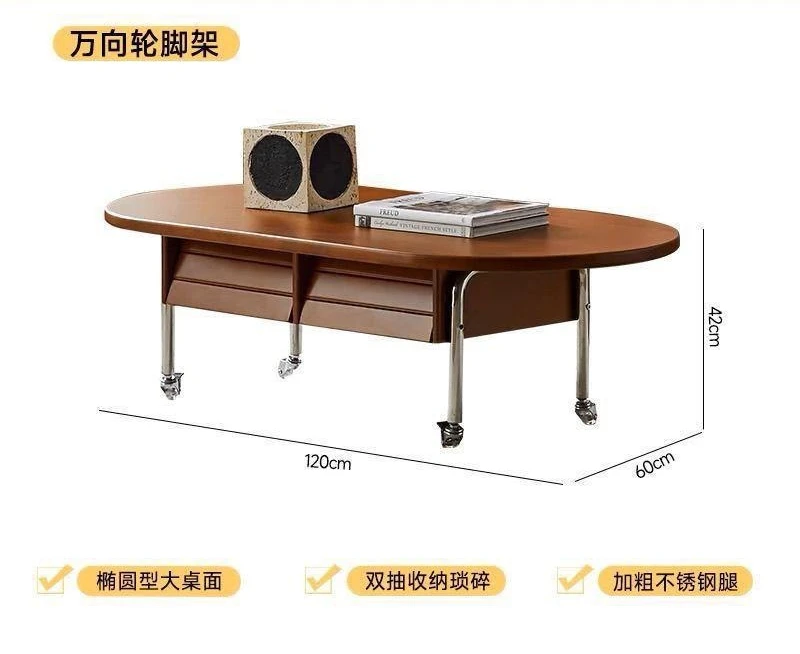 Nordic solid coffee table living room household small apartment stainless steel retro medieval oval simple Japanese tea table