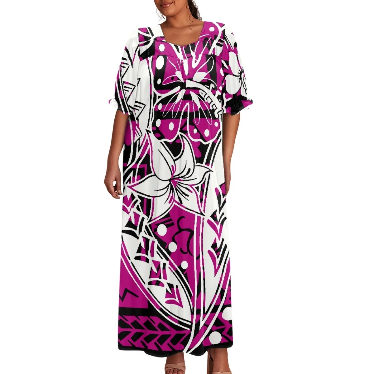 

Loose Dress Women Street Wear Polynesian Monoï Flower Dress Puff Sleeve Maxi Dress Women Elegant Party Midi Dress