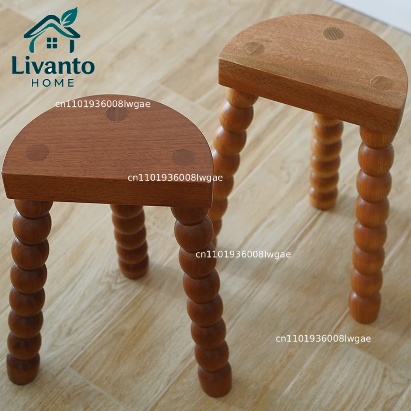 

French Retro Solid Wood Low Stool Antique Side Bedside Round Stool Shoe Changing Makeup Small Stools