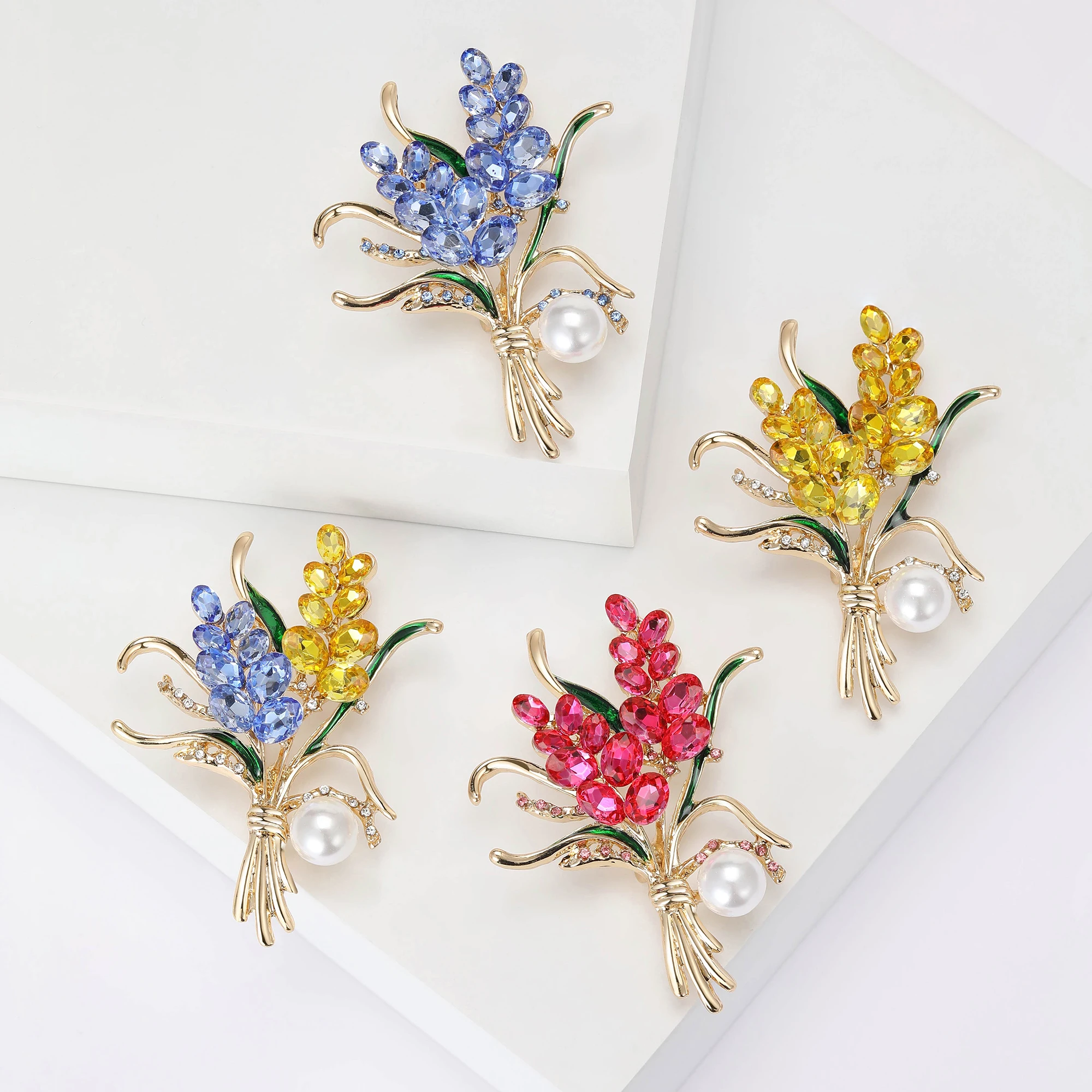 Beaut&Berry Rhinestone Ear of Wheat Brooches for Women 4-color Flower Pins Office Party Casual Accessories Gifts