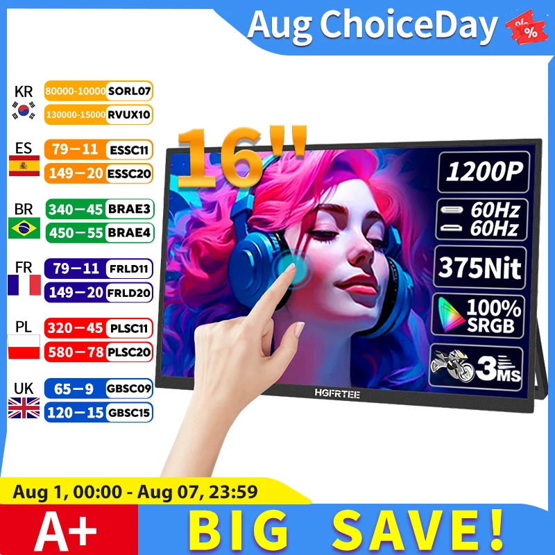 HGFRTEE 16 インチ タッチ ポータブル モニター 16:10 96%sRGB 350Cd/m² ラップトップ用セカンド スクリーン ホルダー スタンド付き Type-C HDMI 互換