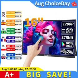 HGFRTEE 16inch Touch Portable Monitor 16:10 96%sRGB 350Cd/m² Second Screen For Laptop With Holder Stand Type-C HDMI-Compatible