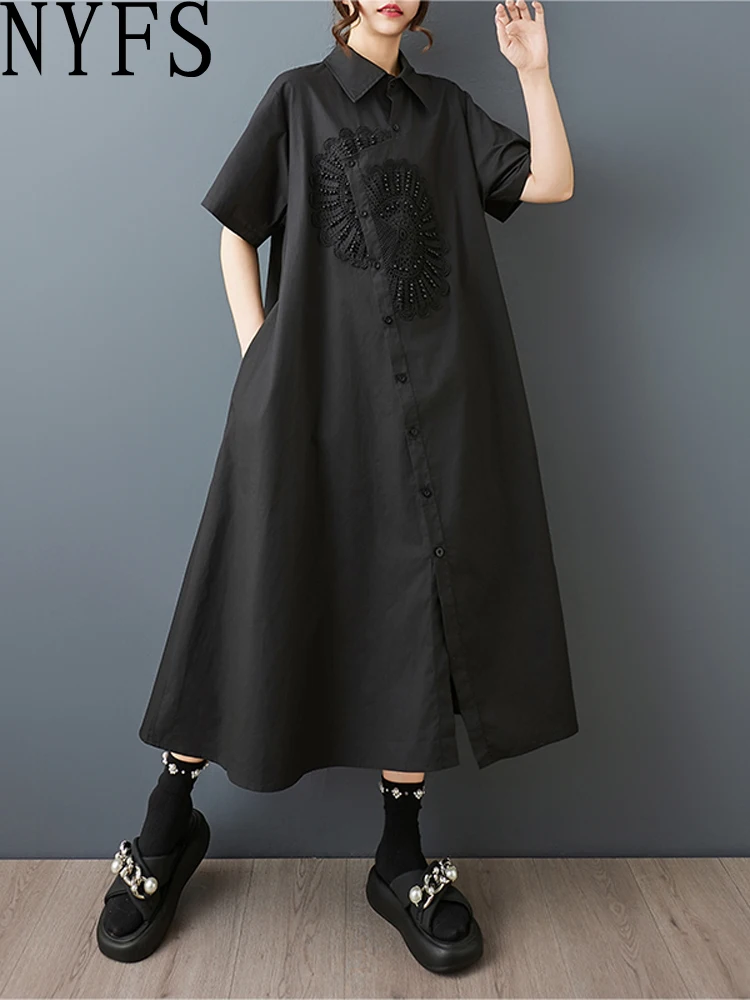 NYFS 2025 夏ルーズプラスサイズの女性のドレスビーズフラワーパッチワークシャツドレスローブ半袖ロングドレス婦人服