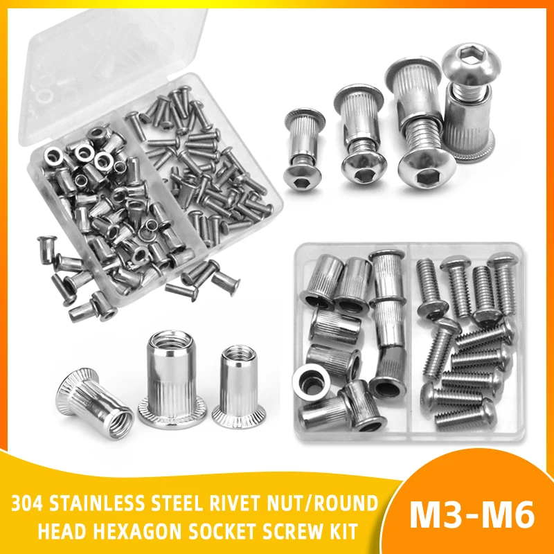 M3 M4 M5 M6 Pop Rivet Nut 304 Stainless Steel Metric Threaded Insert Nutsert Flat Head Rivnut with Bolt Screw Nut Assortment Kit