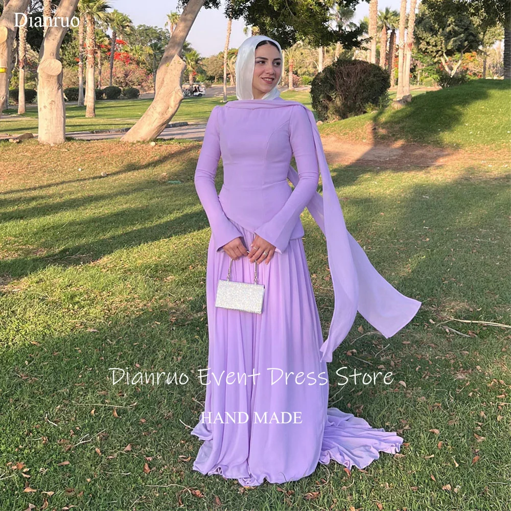 

Dianruo Ribbons Ruched A Line Evening Dress Chiffon Long Sleeves Arabia Prom Gown Modest Muslim Wedding Dress Guest Customized