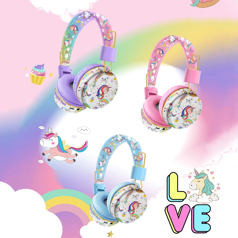 Headset with Microphone Unicorn Girls Music Helmets Bluetooth Earpiece Boys TF Card Phone Children\'s Cartoon Headphones for Kid