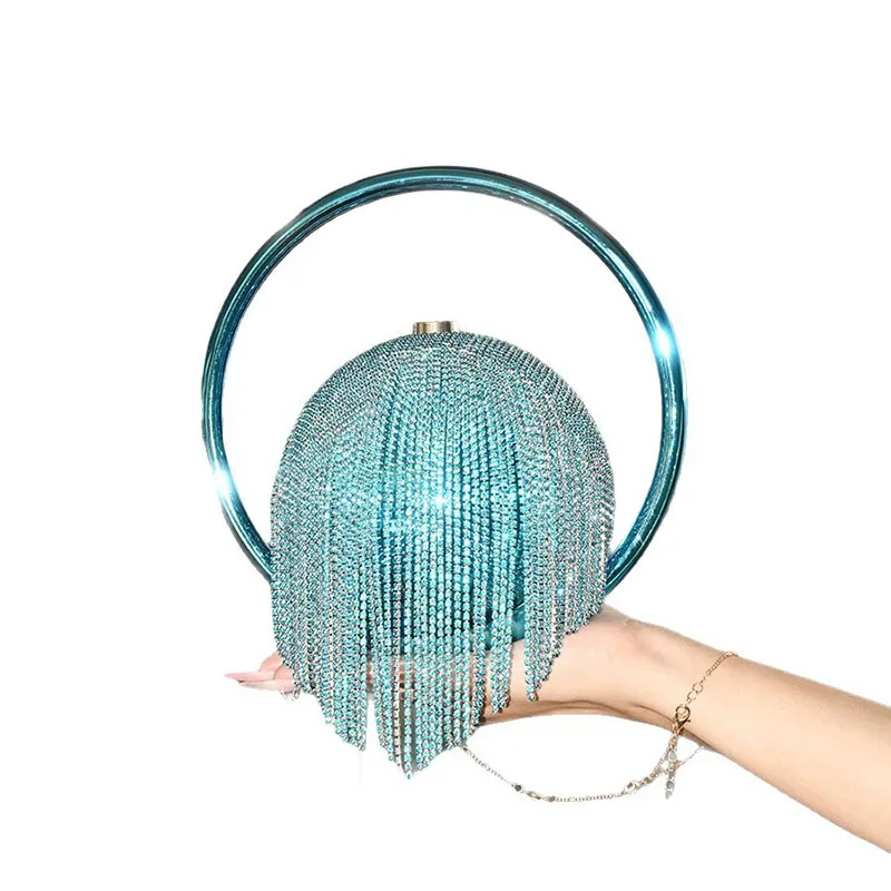 Diamond Evening Bag Rhinestone Bag Round Ball Handbag Party Gala For Women Fashion Tassels Clutch Bag Ladies Ring Clutches
