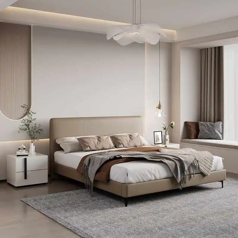 *Italian Minimalist First Layer Cowhide Thin Headboard Modern Minimalist Primary and Secondary rooms Small Unit Double