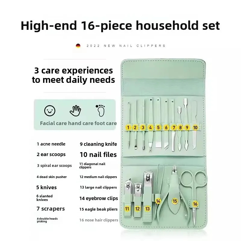 Kit de toilettage des ongles de qualité supérieure, 16 pièces, pour la maison, tondeuses en acier inoxydable, ensemble de pédicure et étui de voyage inclus, ensemble de manucure