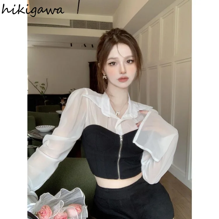 Chic Fake Two Women Shirt Patchwork Tunic Blouses Zipper Long Sleeve Sexy Shirts 2023 Blusas De Mujer See Throught Crop Tops