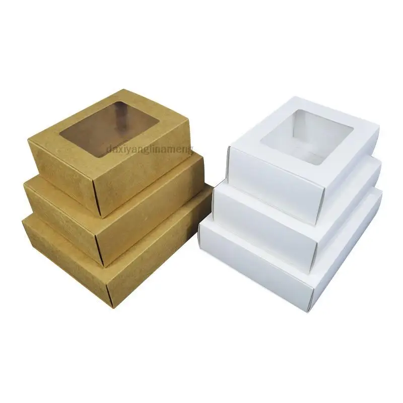 10pcs PVC Transparent Window Kraft Paper Drawer Box White Black Packaging Rectangular Flower Tea Socks Wedding Party Gift Boxes