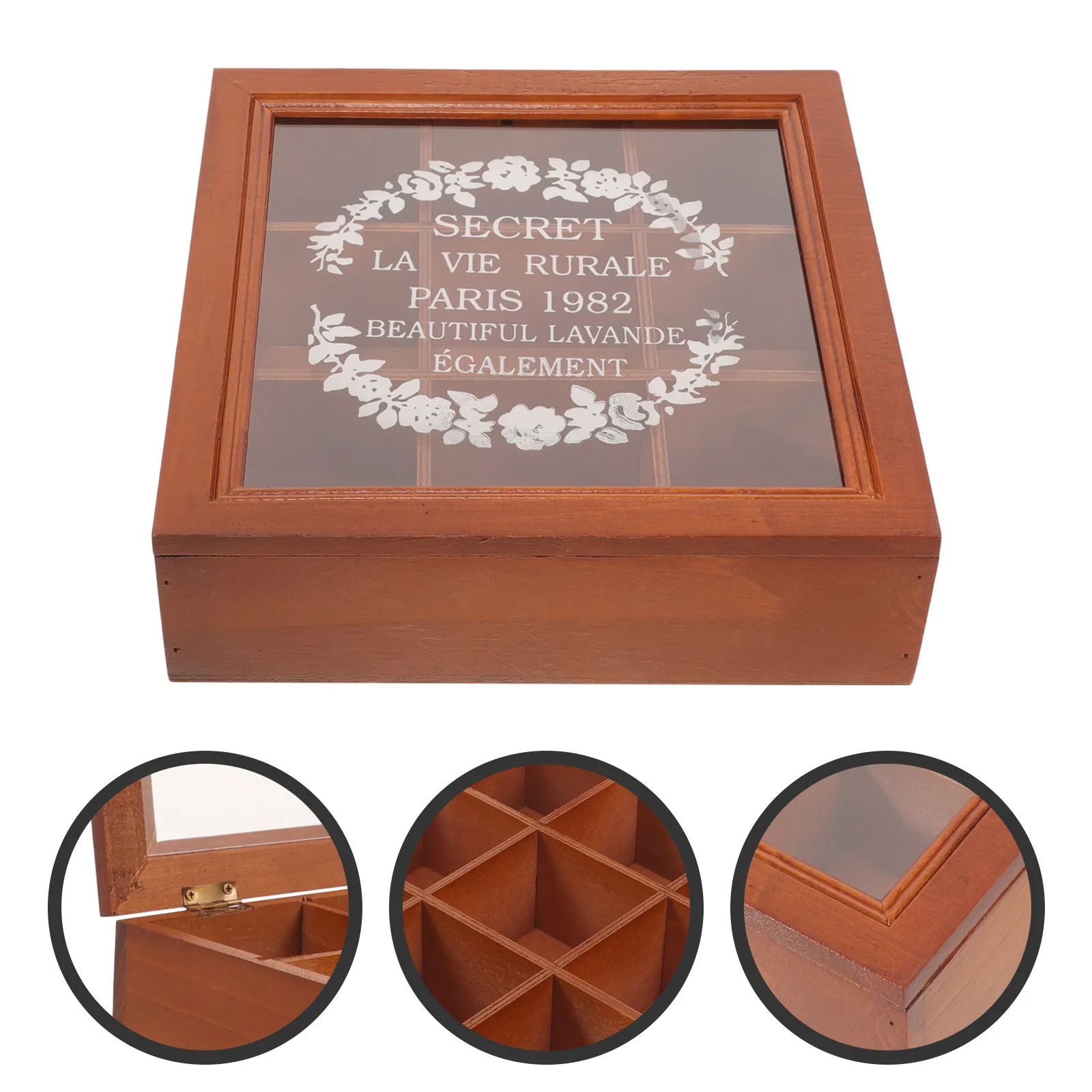 

Деревянный органайзер для косметики на 9 отделений в винтажном стиле из массива дерева с акриловой крышкой с принтом для стола, спальни, туалетного столика