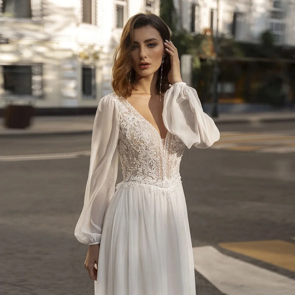 Soft Chiffon Wedding Dress, V-Neck Long Sleeve A-Line Gown, Lace Applique Open Back Elegant Dress, Customizable.