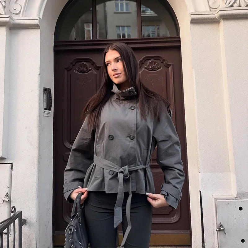 Frühlings-Damen-Trenchcoat mit Schnürung, Stehkragen, Doppelreihiger Knopfverschluss, Stilvolle Neue Damen-Jacke mit Langen Ärmeln, Streetwear-Oberbekleidung – Detail 26