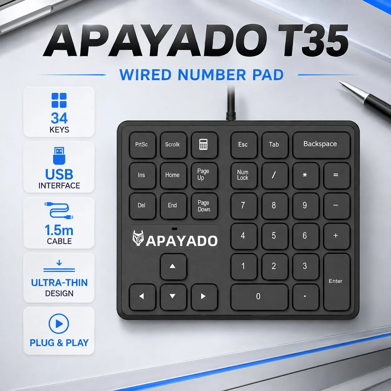 APAYADO T35 34-Key USB Numeric Keypad, Calculator Shortcut and Arrow Keys