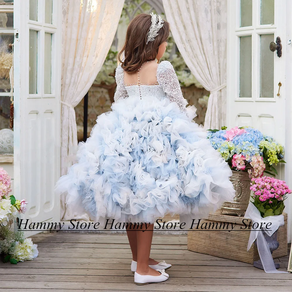 Contrast Color Flower Girl Dress New Arrival Sheer Round Neck Long Sleeves Lace Ruffles Tulel Puff Girls Birthday Party Gown