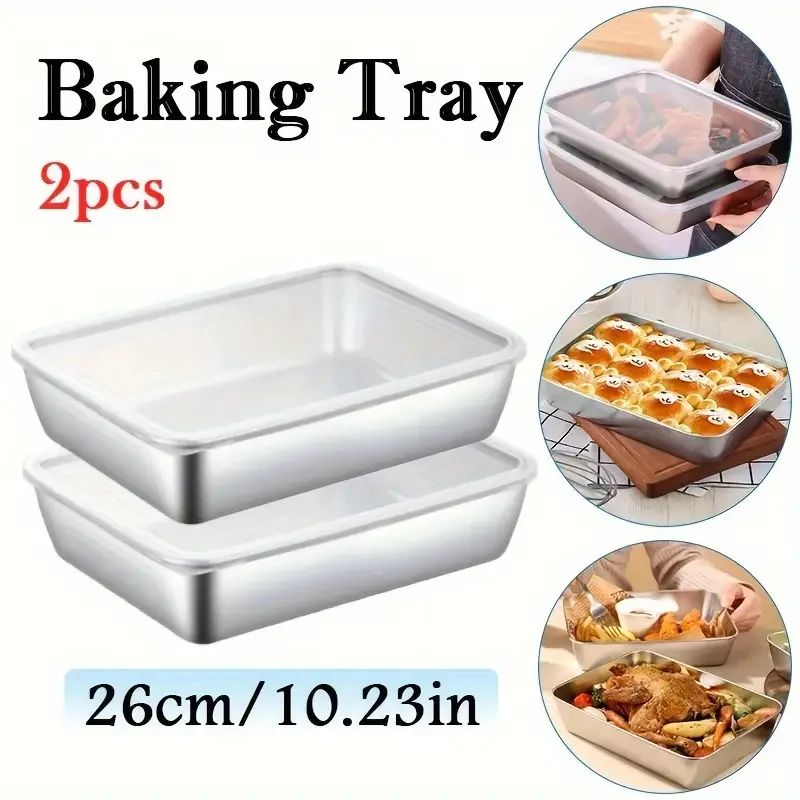 

1pc Stainless Steel Oven Baking Tray Food Grade Thickened Rectangular Baking Tray Large Capacity Cake Bread Meat Baking Tray