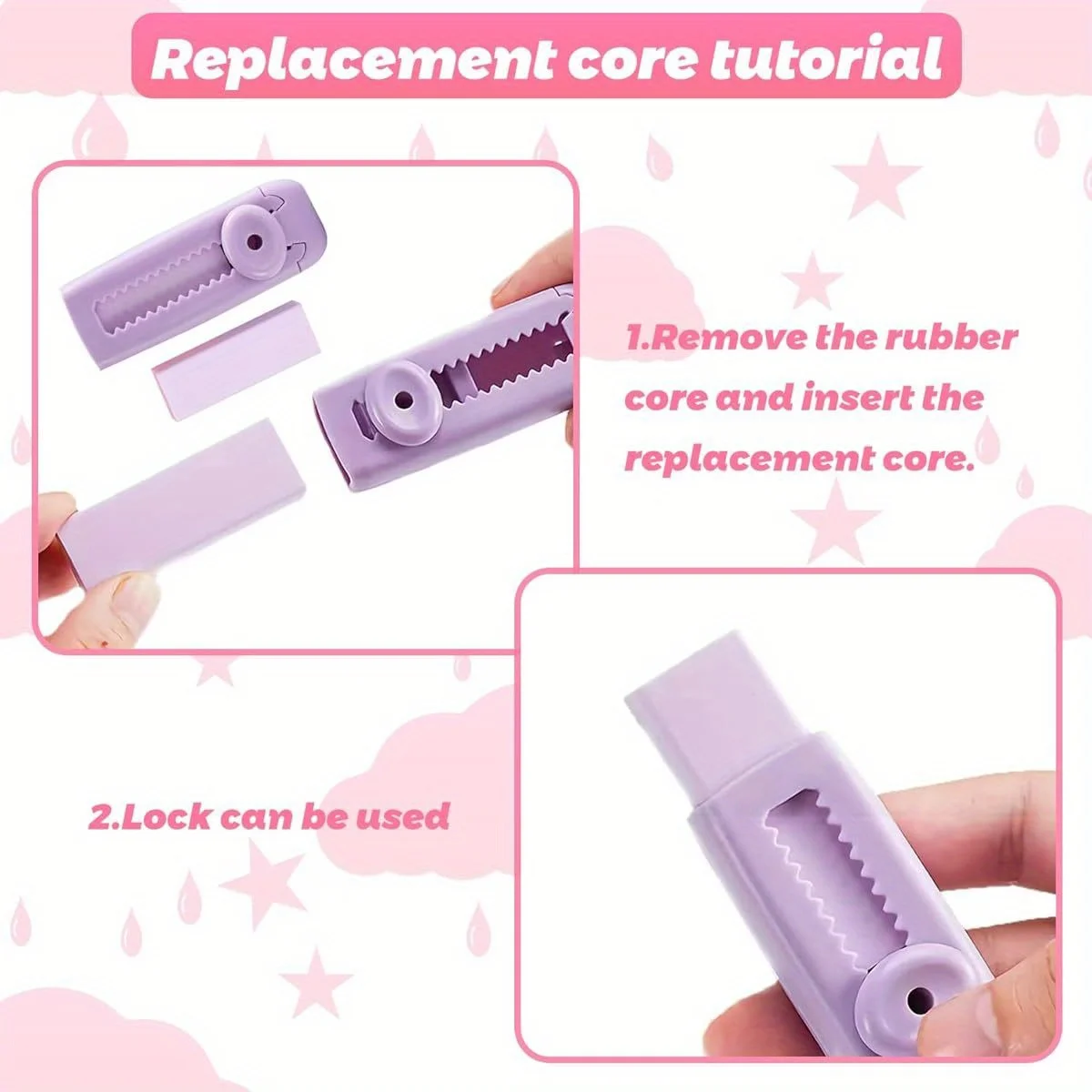 4-pack extendable pencil eraser set, made of soft rubber and PVC material, rectangular design, adjustable length