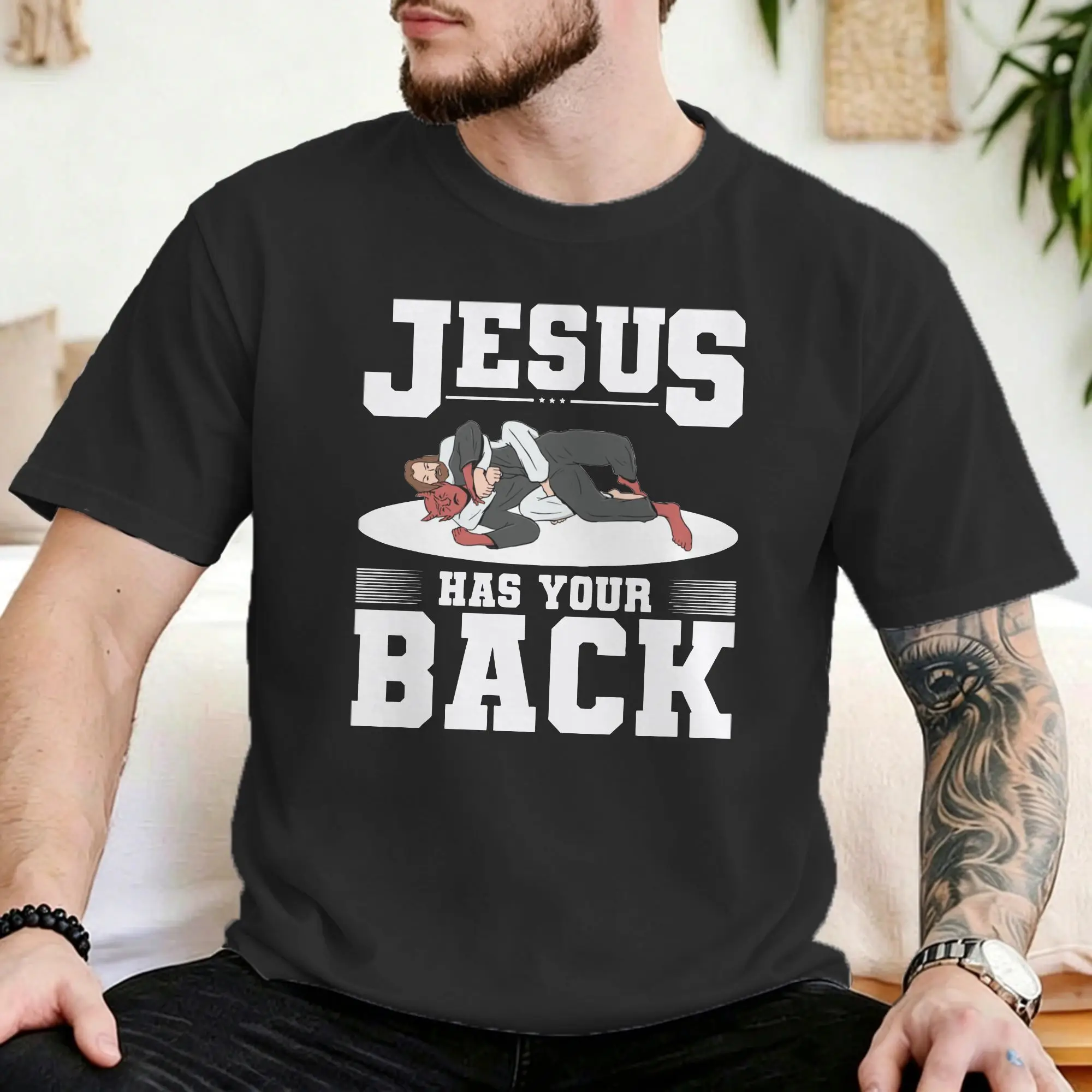 Camiseta Unissex de Algodão 100% com Design Jesus Está Apoiando Você para Atletas Cristãos - Jiu Jitsu - Tamanhos Grandes