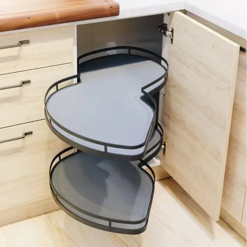 It can be rotated out 180 degrees. The corner of the cabinet is buffered with a flying saucer turntable, non-slip pads