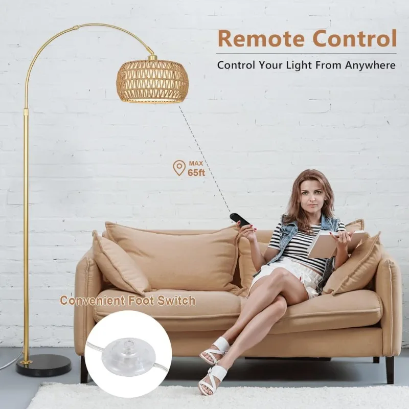 Arc Floor Lamp With Rattan Fabric Shades 3 Color Temp Remote App Control For Living Room Bedroom Reading