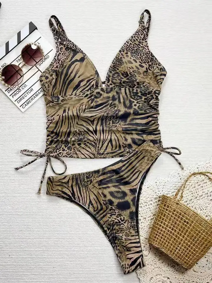ชุดว่ายน้ำบิกินี่เซ็กซี่แบบผูกเชือก ดีไซน์ดันทรง ชุดว่ายน้ำสองชิ้นลายเสือดาว ชุดชายหาดสำหรับผู้หญิง
