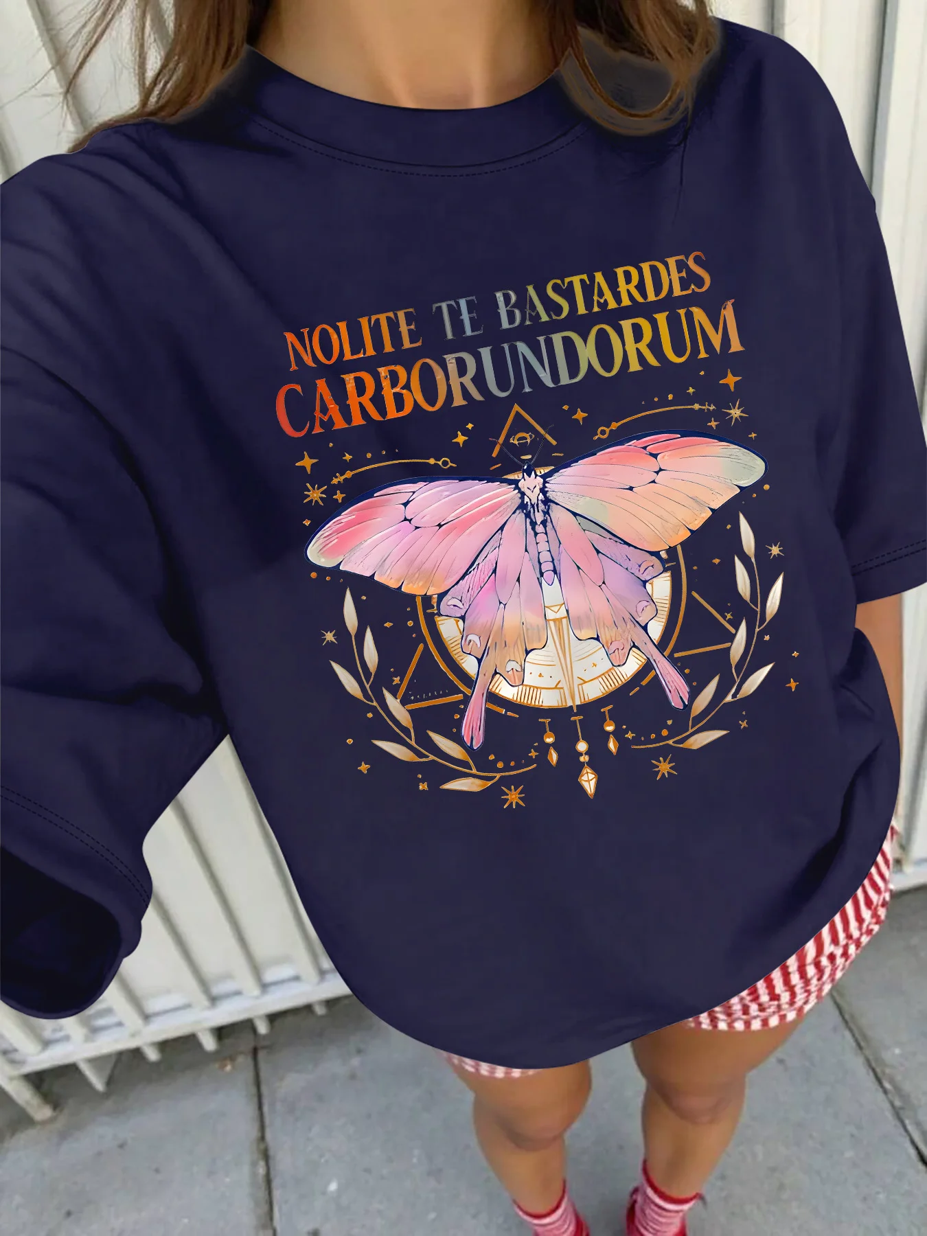 Plus - Size Tee: “Nolite Te Bastardes Carborundorum” Butterfly & Latin Quote Graphic