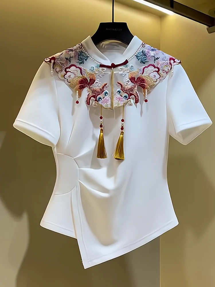 

New Chinese Sle Embroidered ort Sve T-irt Stand Collar Summer New Arrival Women's Top Trendy National Wave Design