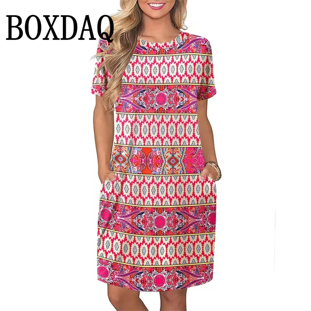 2025 New Women's Dresses 3D Ethnic Printed Women Short Sleeve Dress Summer Fashion Loose A-Line Elegant Casual Ladies Dresses