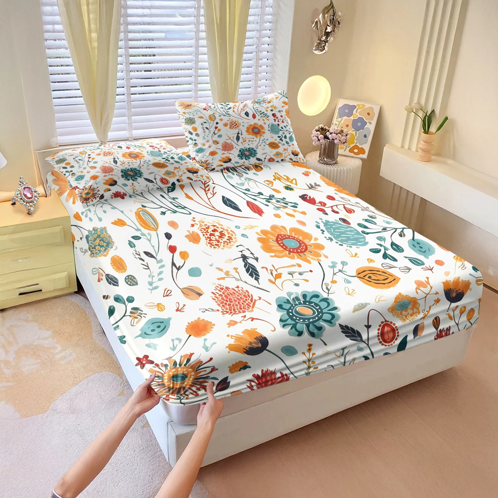 Boho Watercolor Floral Fitted Sheet 3‑Piece Set Elastic Deep Pocket Mattress Protector Cover With Pillowcases Vintage Flower Bed